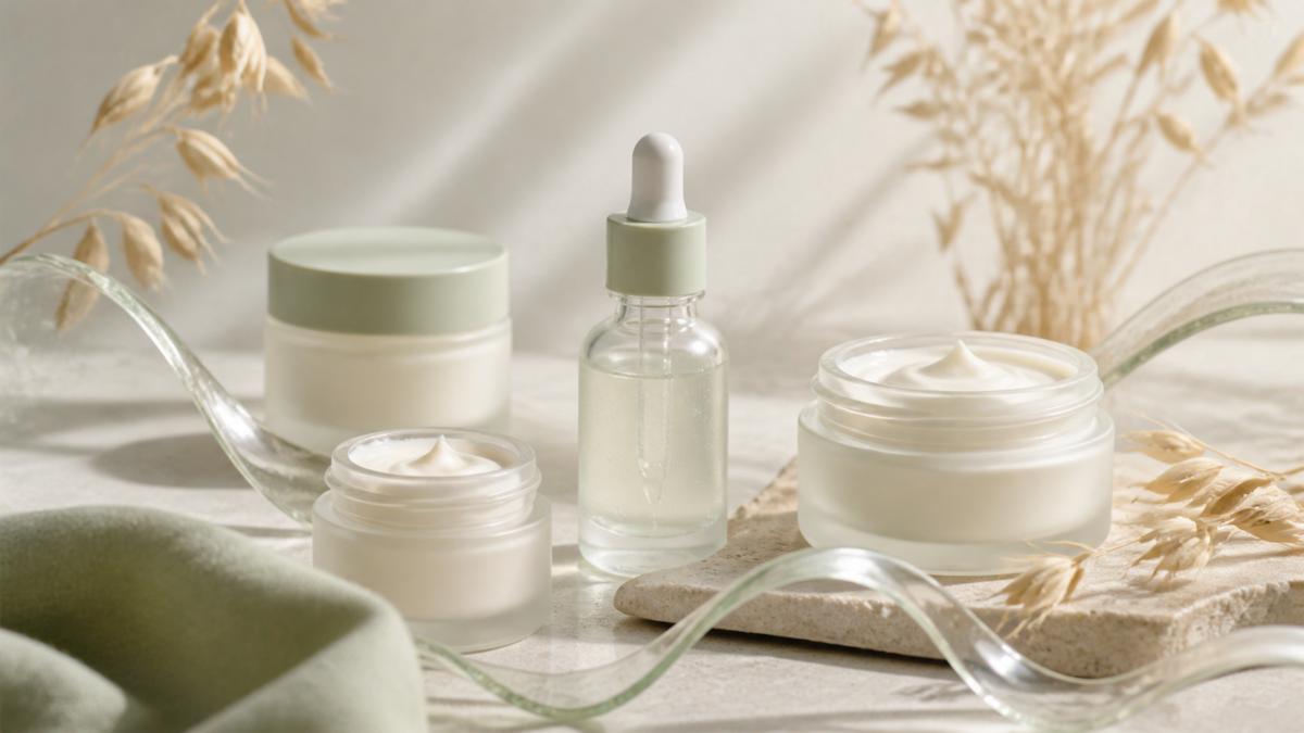 Unbranded moisturizers and oat stems representing beta-glucan skincare research