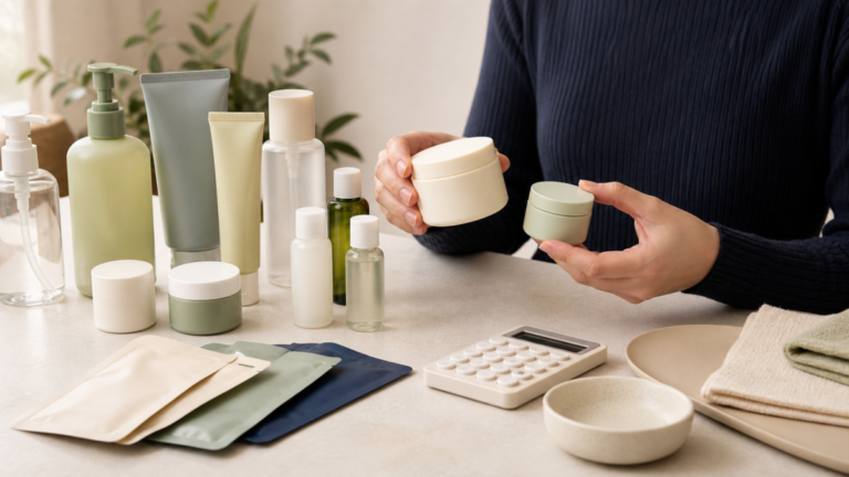 Shopper comparing different sizes of unbranded skincare products with a calculator