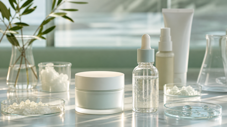 Unbranded ectoin moisturizer and serum with water and crystal motifs