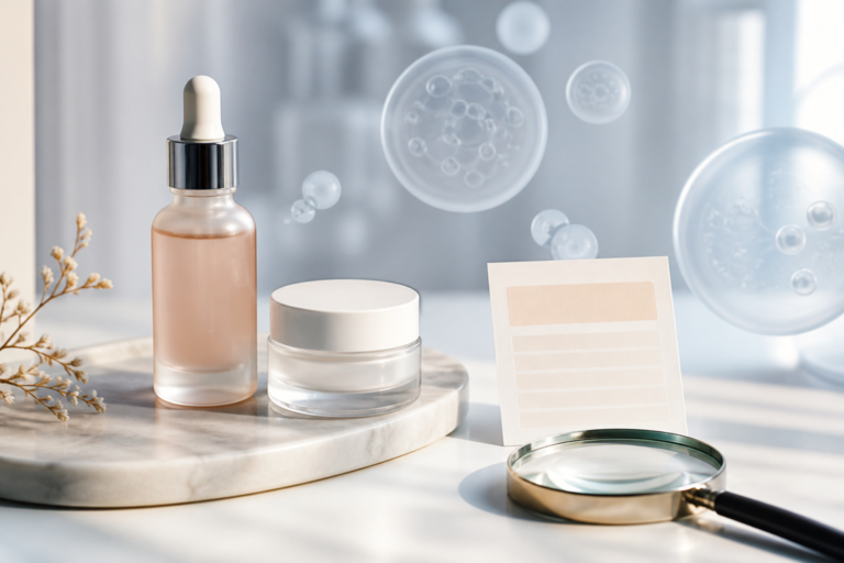 Unlabeled skincare serum and cream beside a magnifying glass with abstract vesicle forms