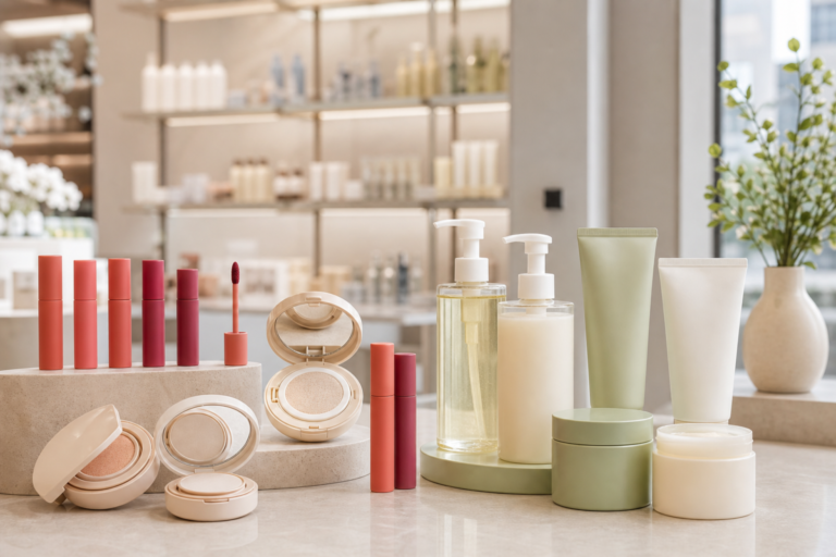 Blank K-beauty lip tints, cushion compacts, cleansing oils, balms, and foam cleansers in a modern U.S. retail display