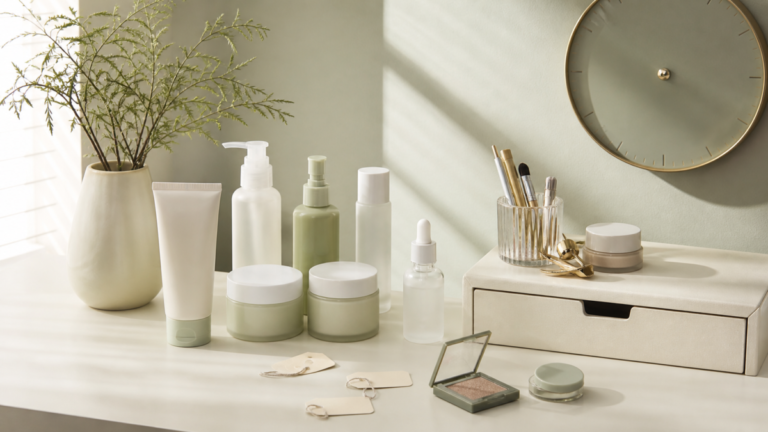 Unbranded skincare and makeup arranged for shelf-life tracking and cool storage