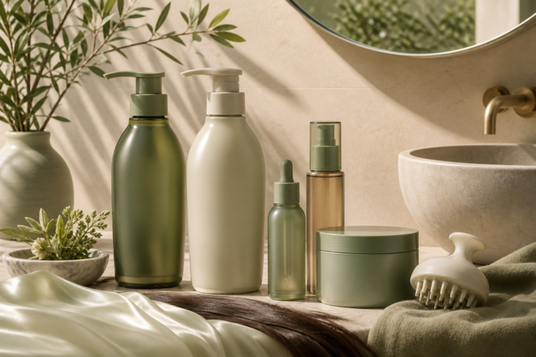Unbranded Korean hair and scalp care products arranged on a modern vanity