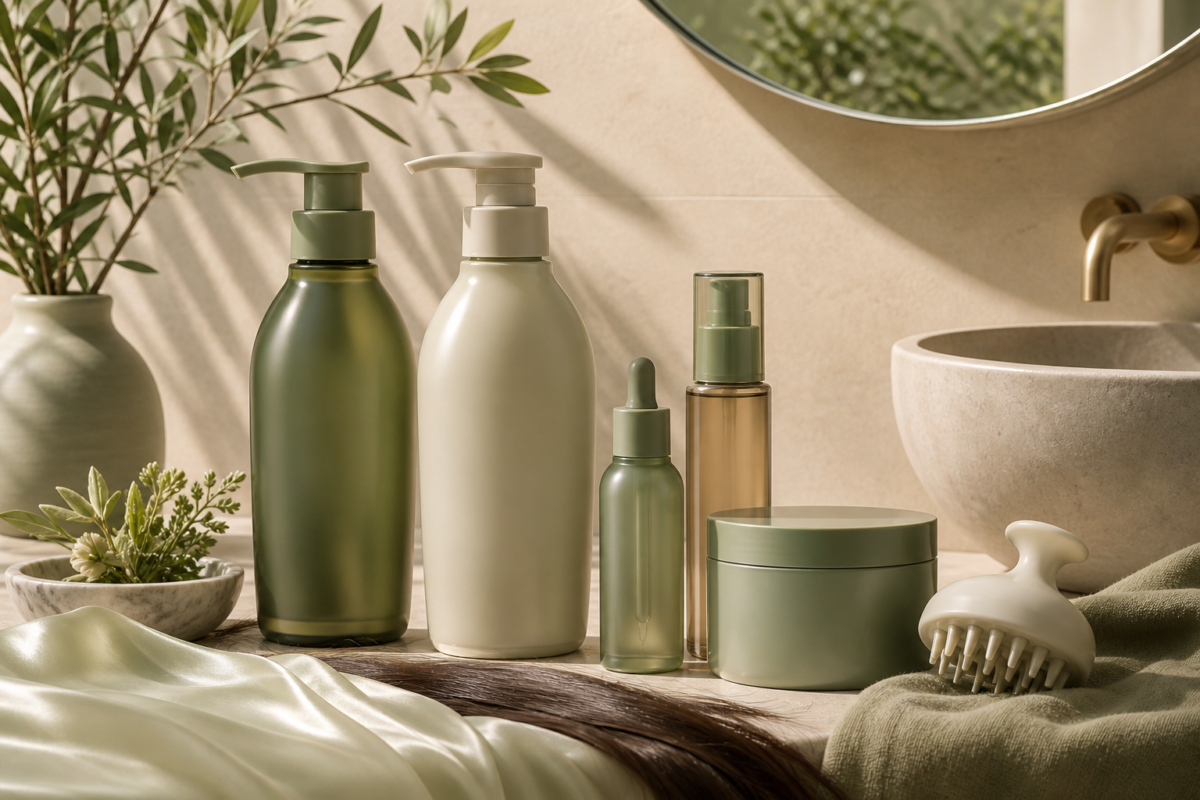 Unbranded Korean hair and scalp care products arranged on a modern vanity