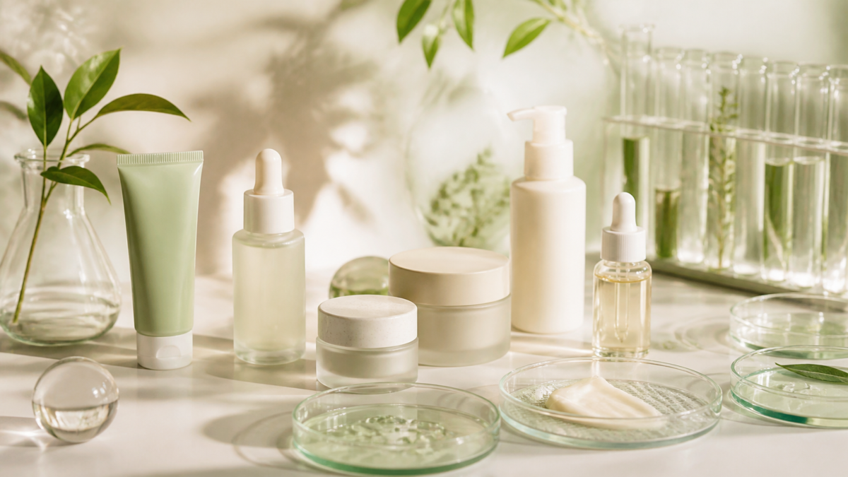 Unbranded skincare products arranged in a clean studio inspired by skin ecosystem research