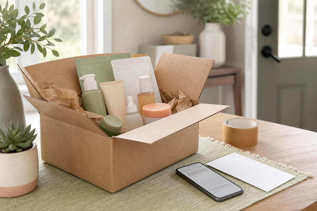 Unbranded K-beauty products in an online delivery box with a blank tracking screen