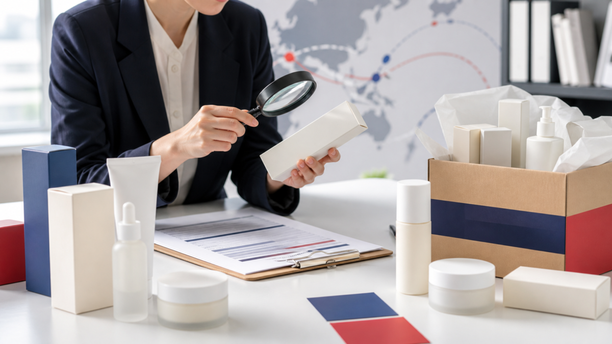 Compliance professional inspecting blank Korean beauty packaging for U.S. market entry