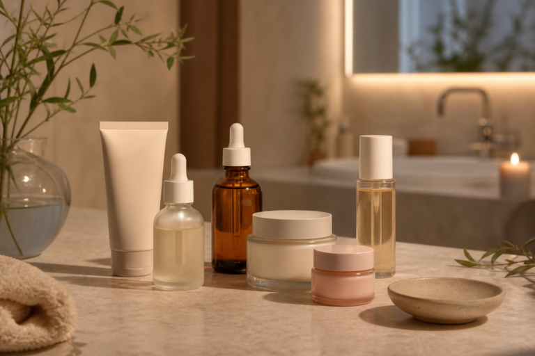 Unbranded retinol and retinal skincare products arranged for a gentle evening K-beauty routine