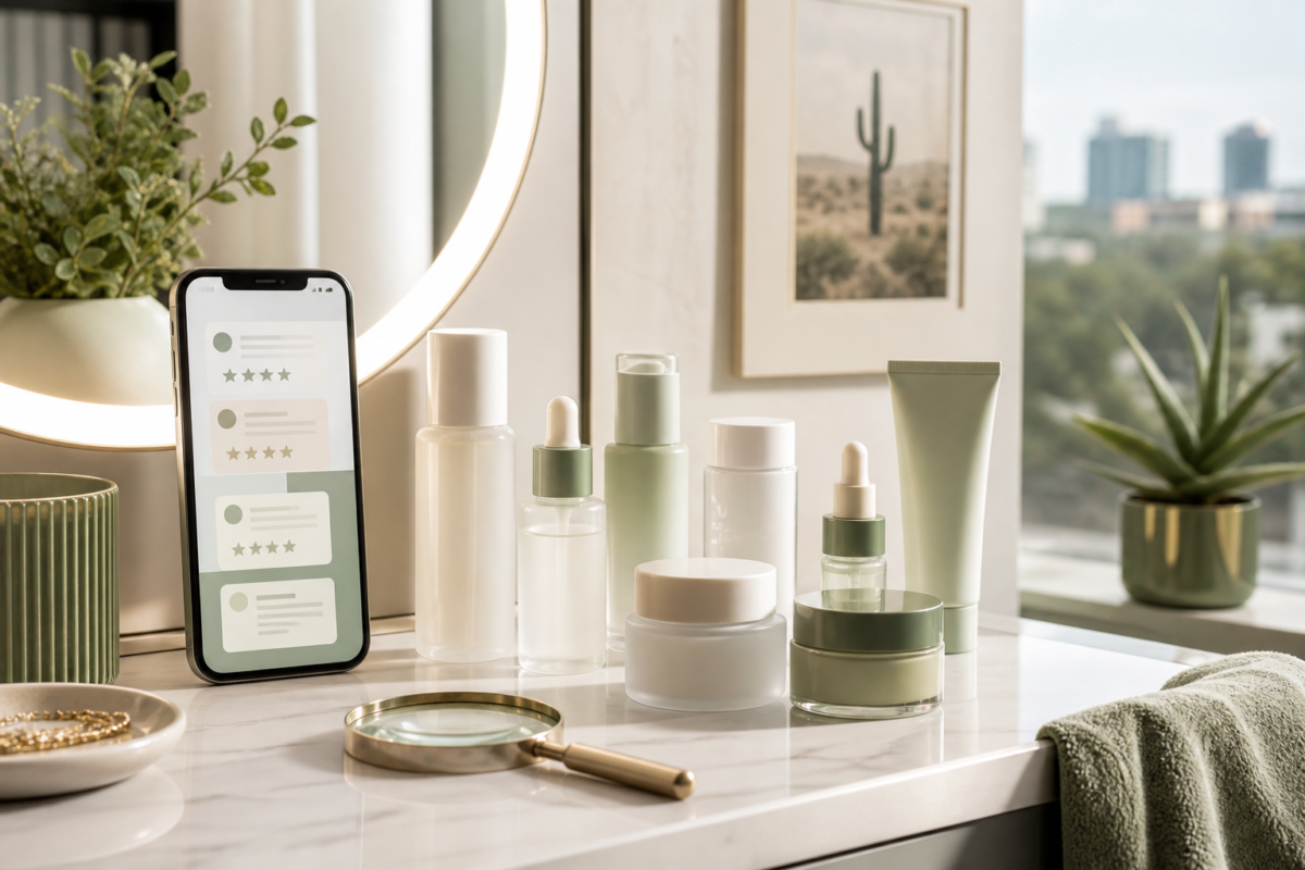 Unbranded K-beauty skincare products beside a phone displaying abstract consumer reviews