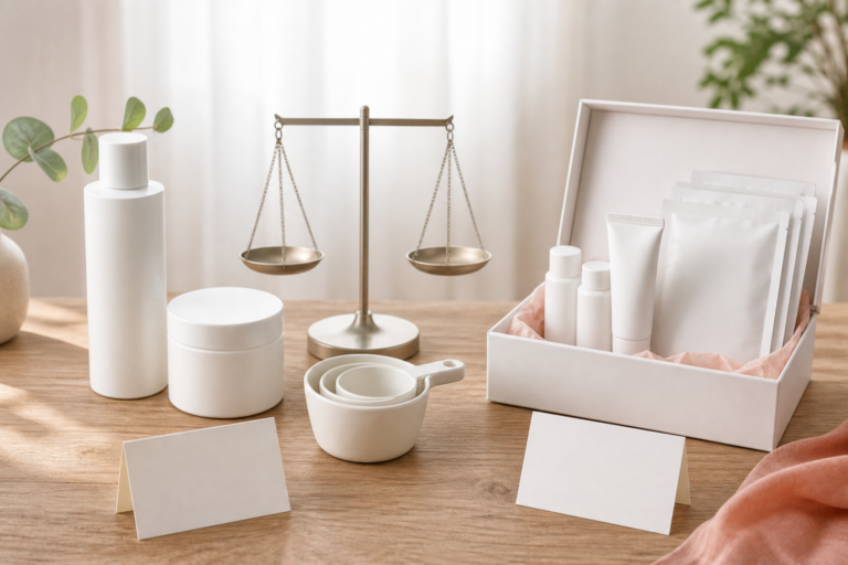 Blank full-size K-beauty products and a mini gift set arranged beside a balance scale for value comparison