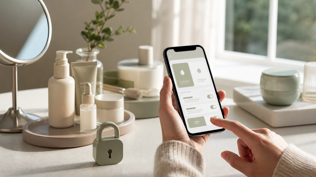 Smartphone privacy settings beside unbranded K-beauty products and a small lock