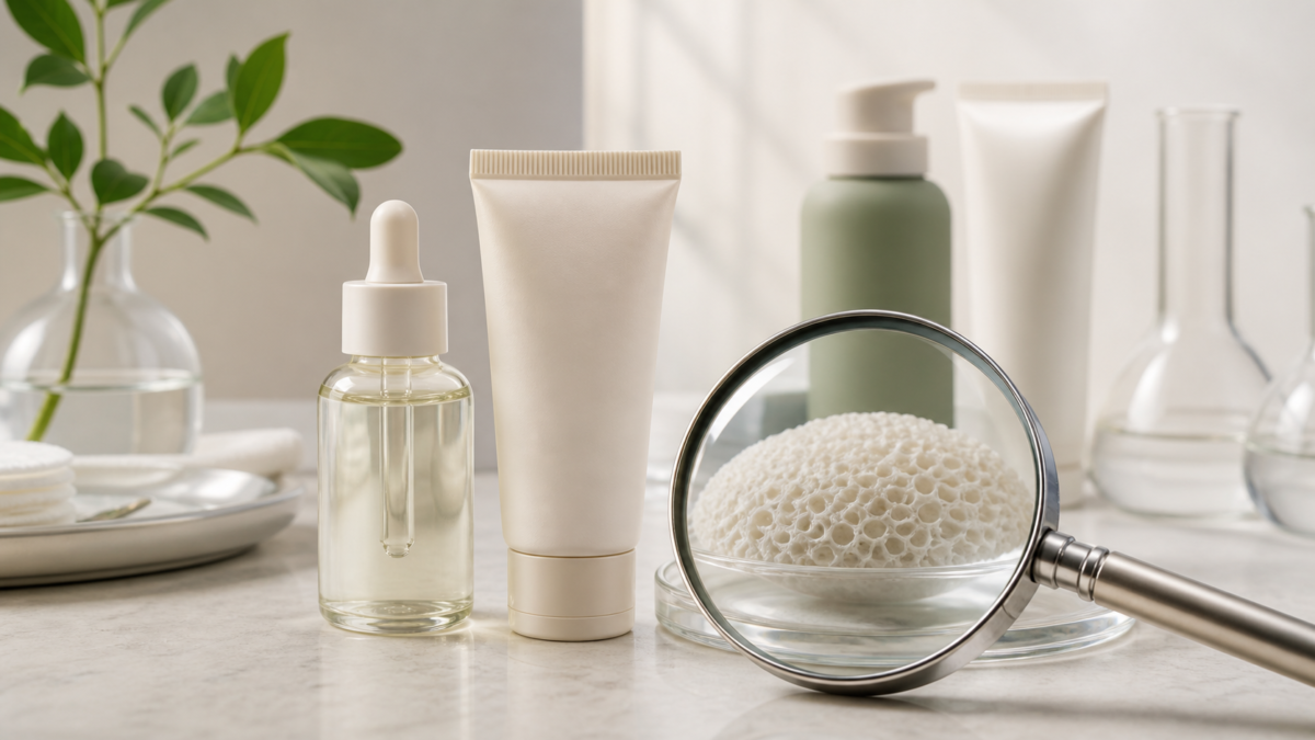 Unbranded skincare products beside a magnified porous sponge texture