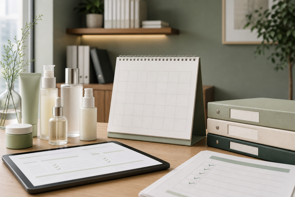 Unbranded K-beauty products beside a compliance calendar and digital forms