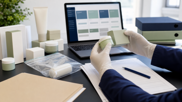 Cosmetics compliance team reviewing unbranded products and incident records