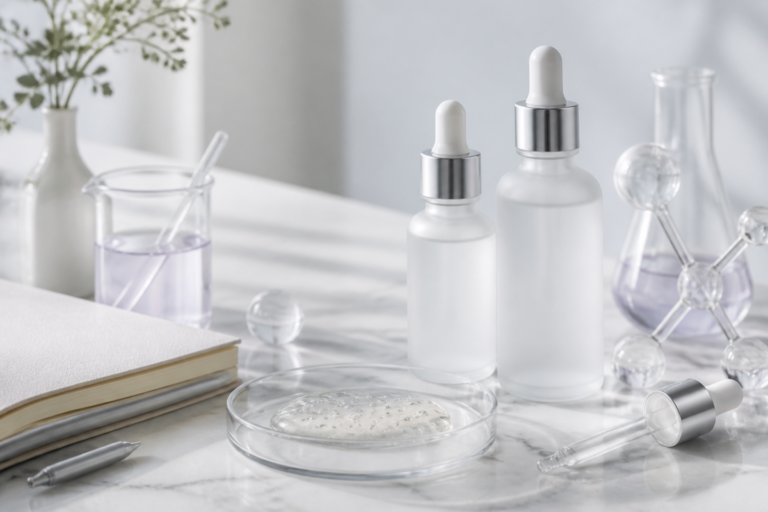 Unbranded niacinamide skincare serums in a cosmetic formulation setting