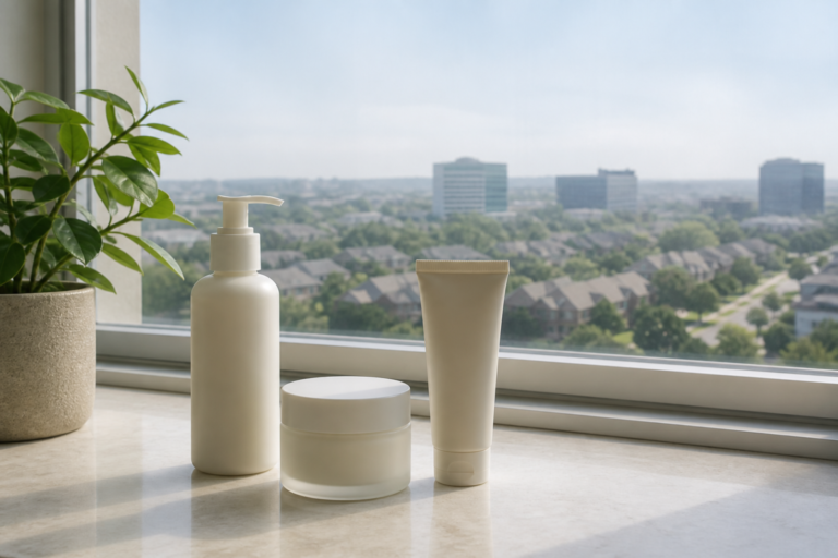 Gentle K-beauty skincare products by a window overlooking a hazy North Texas cityscape