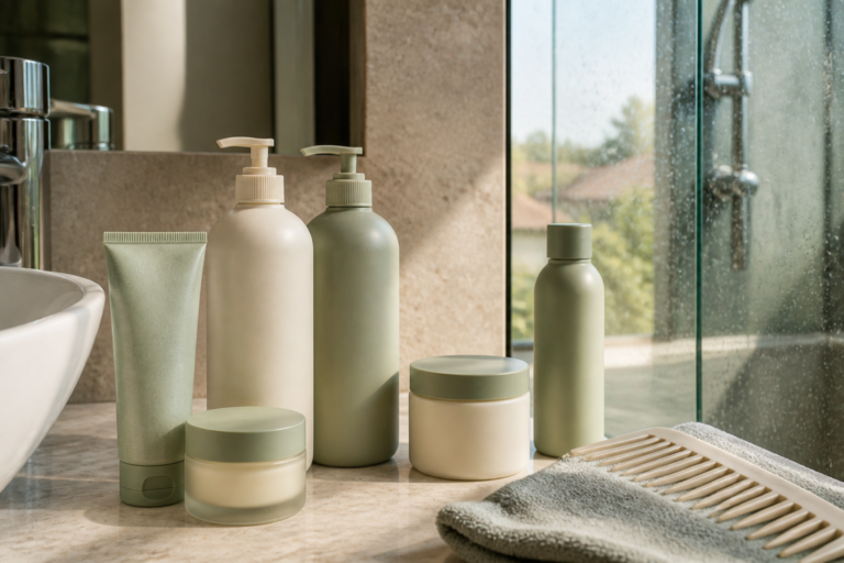 Unbranded K-beauty skin and hair products beside a North Texas shower with mineral water spots