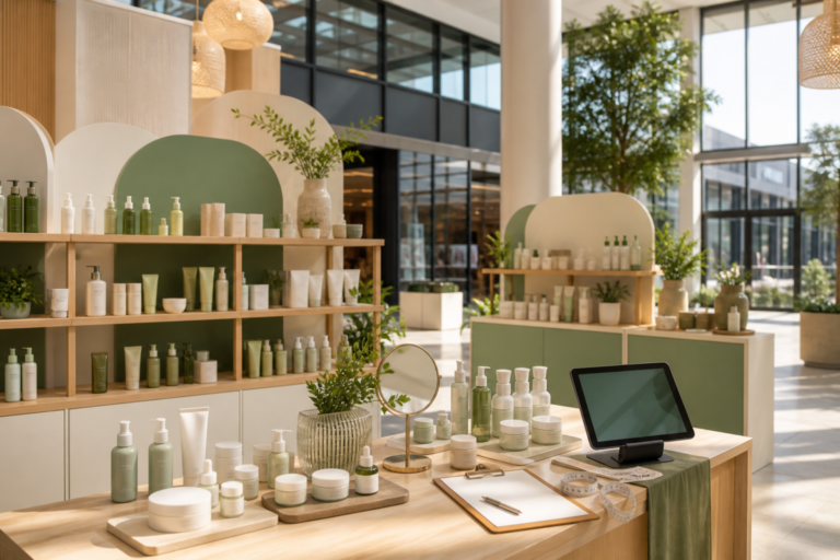 Unbranded K-beauty products displayed in a North Texas pop-up retail space