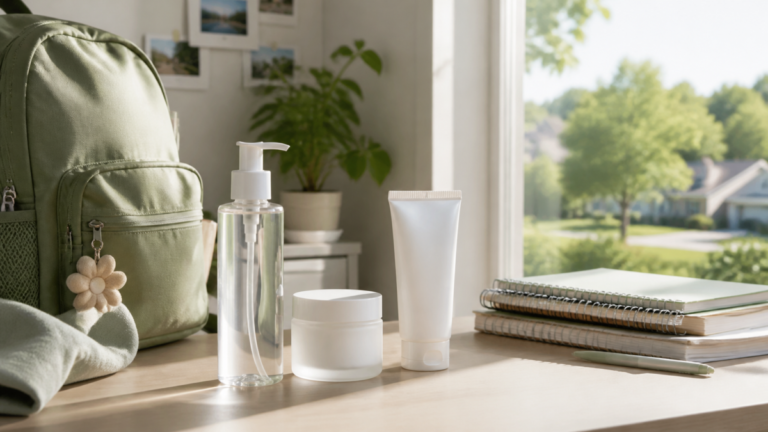 Simple cleanser moisturizer and sunscreen beside a school backpack in a North Texas home