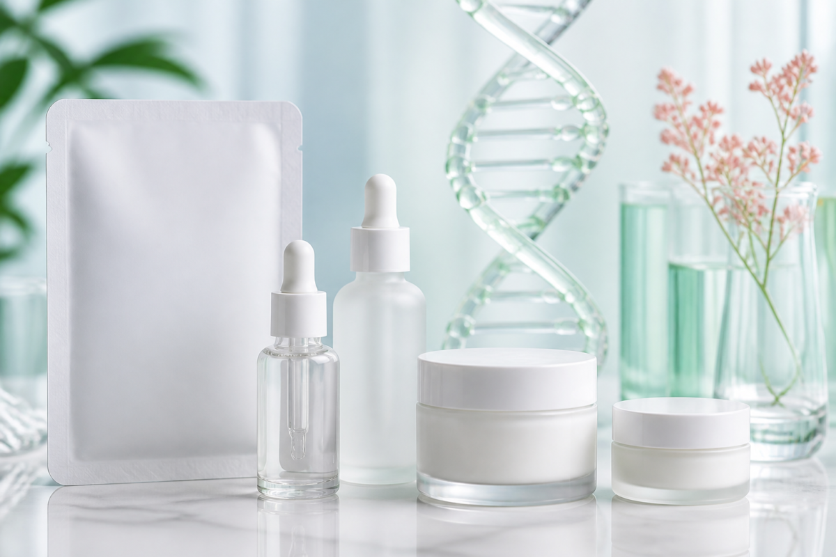 Blank PDRN-inspired K-beauty serums and creams beside an abstract glass DNA sculpture