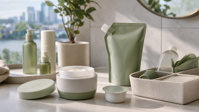 Unbranded refillable skincare containers and refill pouch on a clean vanity