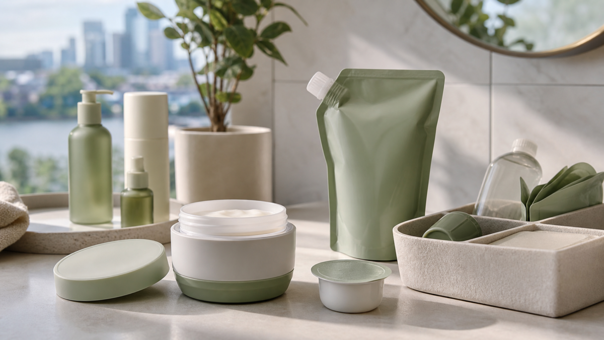 Unbranded refillable skincare containers and refill pouch on a clean vanity