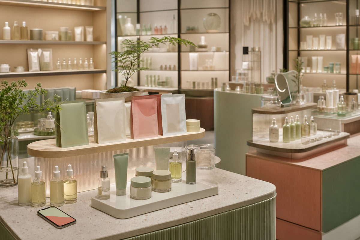 Unbranded Korean skincare displayed in a modern U.S. beauty retail discovery area