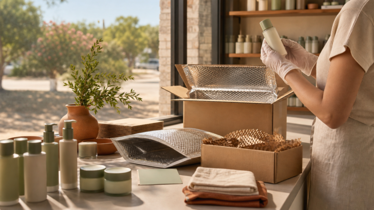 Unbranded skincare products being inspected and packed for hot-weather delivery in North Texas