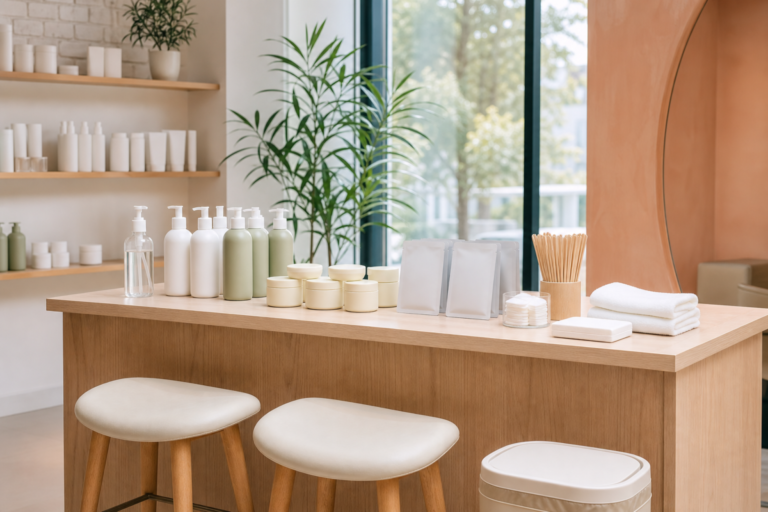 Blank K-beauty testers and clean disposable supplies arranged at a Texas retail demonstration counter