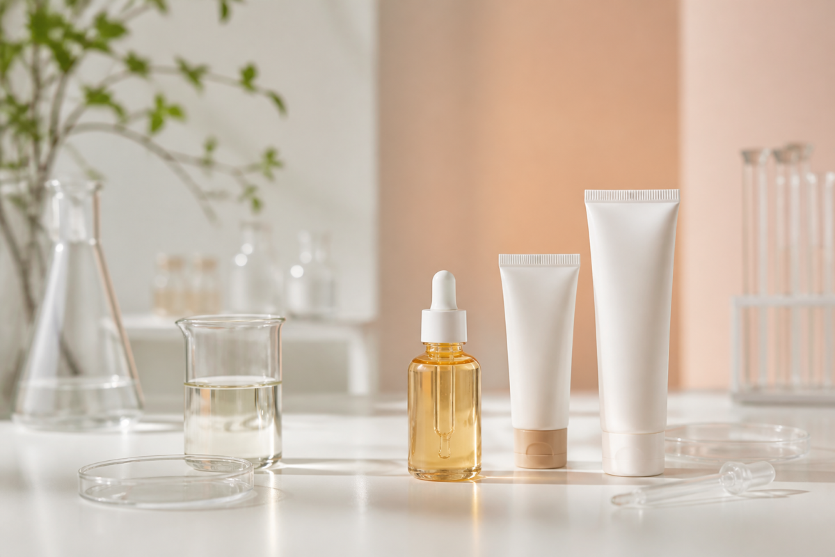 Unlabeled serum, moisturizer, and sunscreen on a softly lit skincare research table
