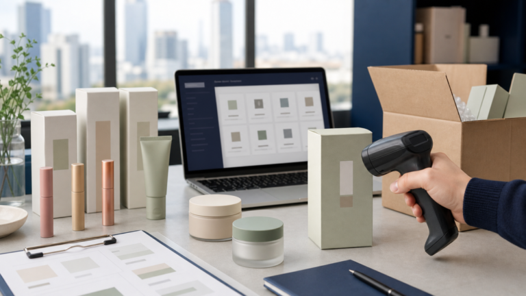 Unbranded beauty products undergoing barcode and retail data readiness review