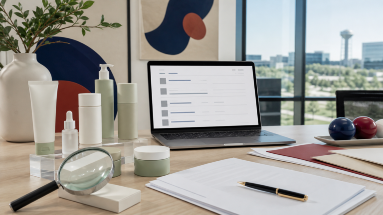 Trademark clearance workspace with unbranded K-beauty packaging and a search laptop