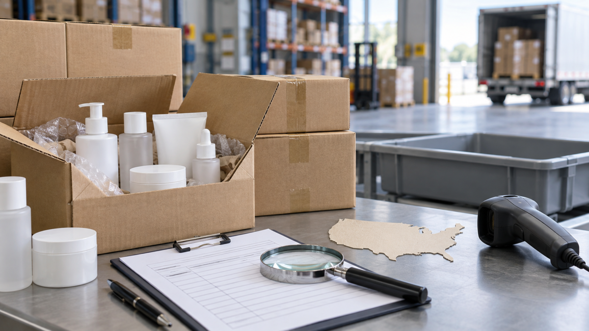 Unlabeled skincare products and shipping cartons on a U.S. import compliance desk