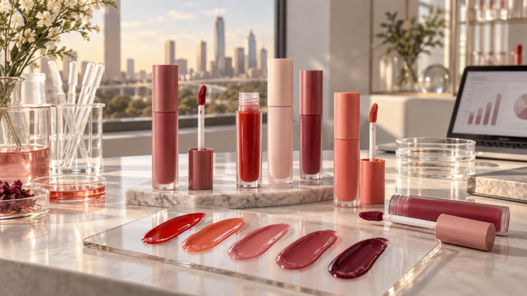 Unbranded Korean-style lip tints and color swatches on a beauty market analysis desk