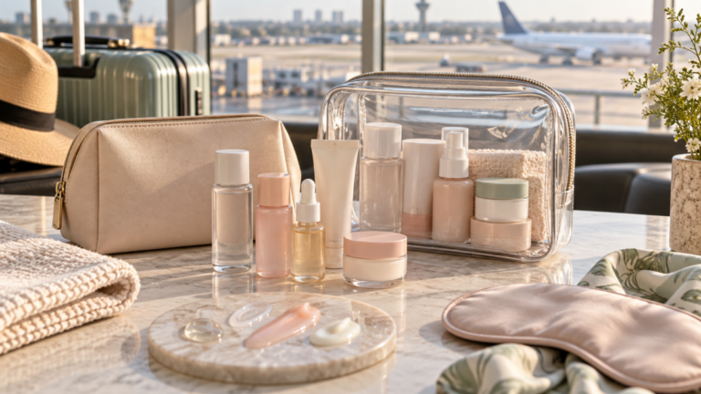 Unbranded miniature Korean skincare products arranged in a clear travel bag at an airport