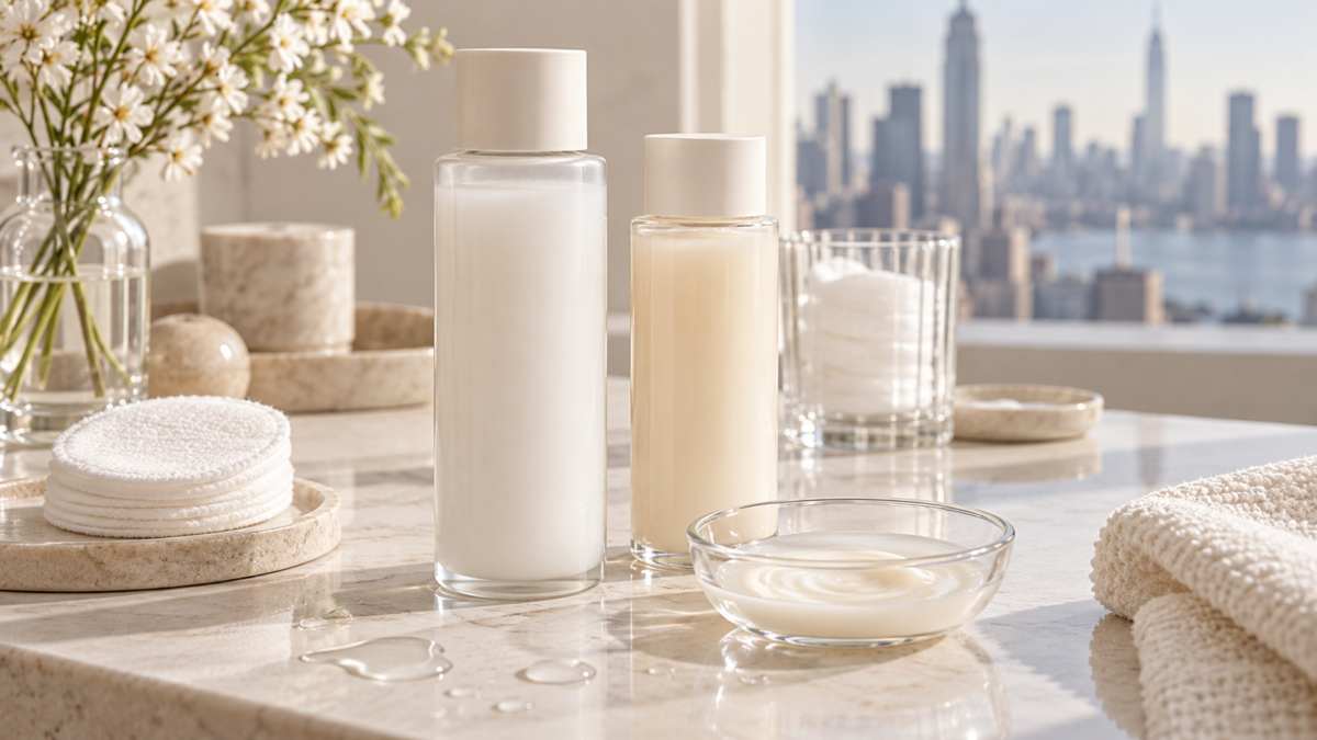 Unbranded milky toner bottles and lightweight creamy skincare textures on a beauty analysis desk