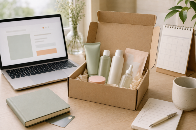 Open subscription box with unlabeled skincare products beside a laptop and calendar