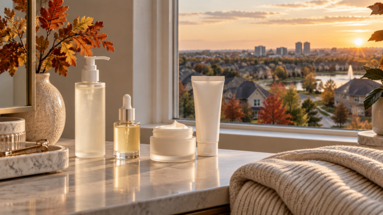 Unbranded Korean skincare products beside a window overlooking a North Texas neighborhood in autumn