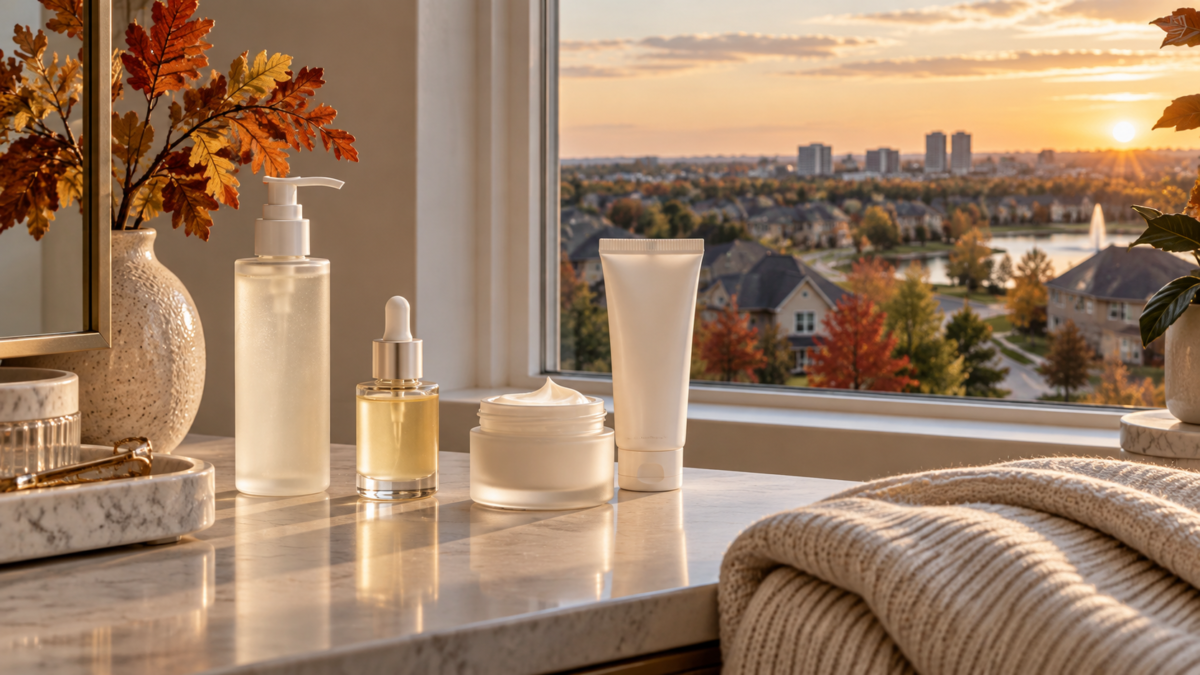 Unbranded Korean skincare products beside a window overlooking a North Texas neighborhood in autumn