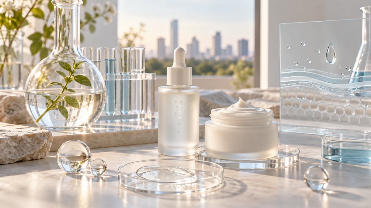 Unbranded panthenol skincare serum and moisturizer in a modern beauty research setting