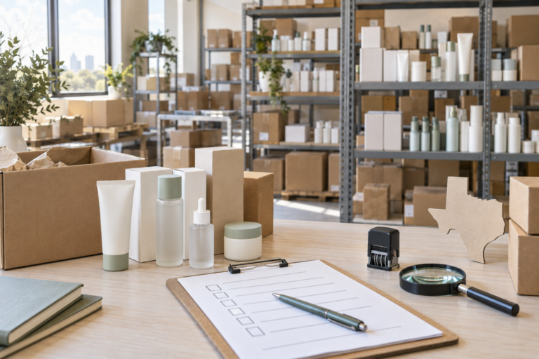 Unlabeled skincare inventory and inspection checklist in a bright Texas warehouse