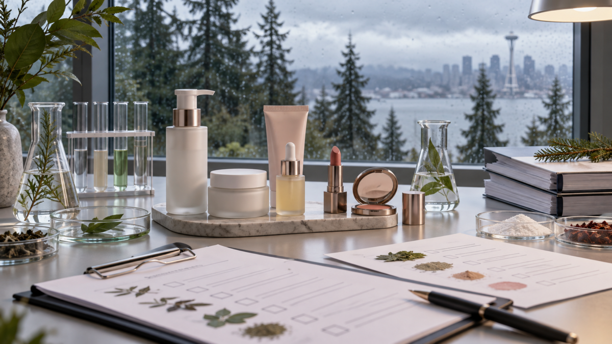 Unbranded cosmetics and ingredient review materials in a Pacific Northwest compliance setting